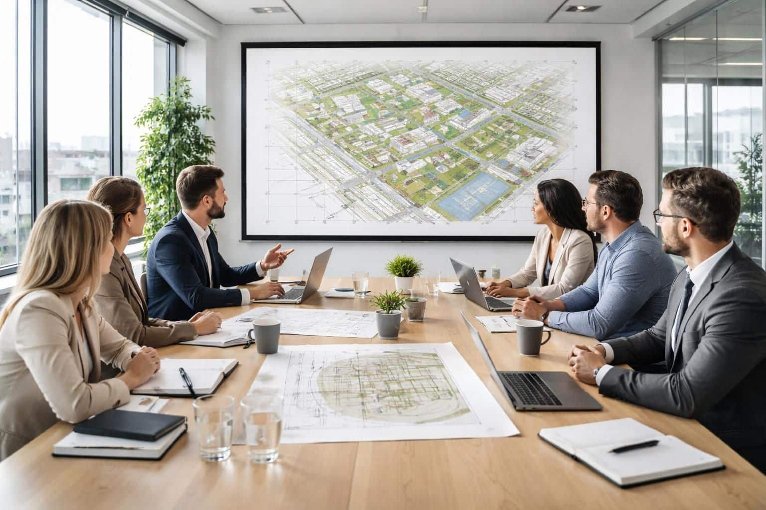 en réunion dans les bureaux, l'écran de projection affiche clairement les plans et zonings pour une présentation nette et efficace.