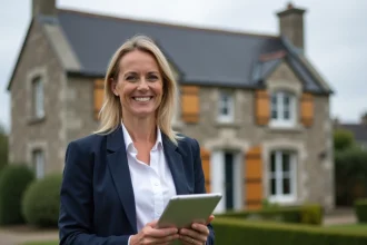 Agente immobilière professionnelle devant une maison en pierre bretonne à Guer, représentant CHT Immobilier agence de proximité
