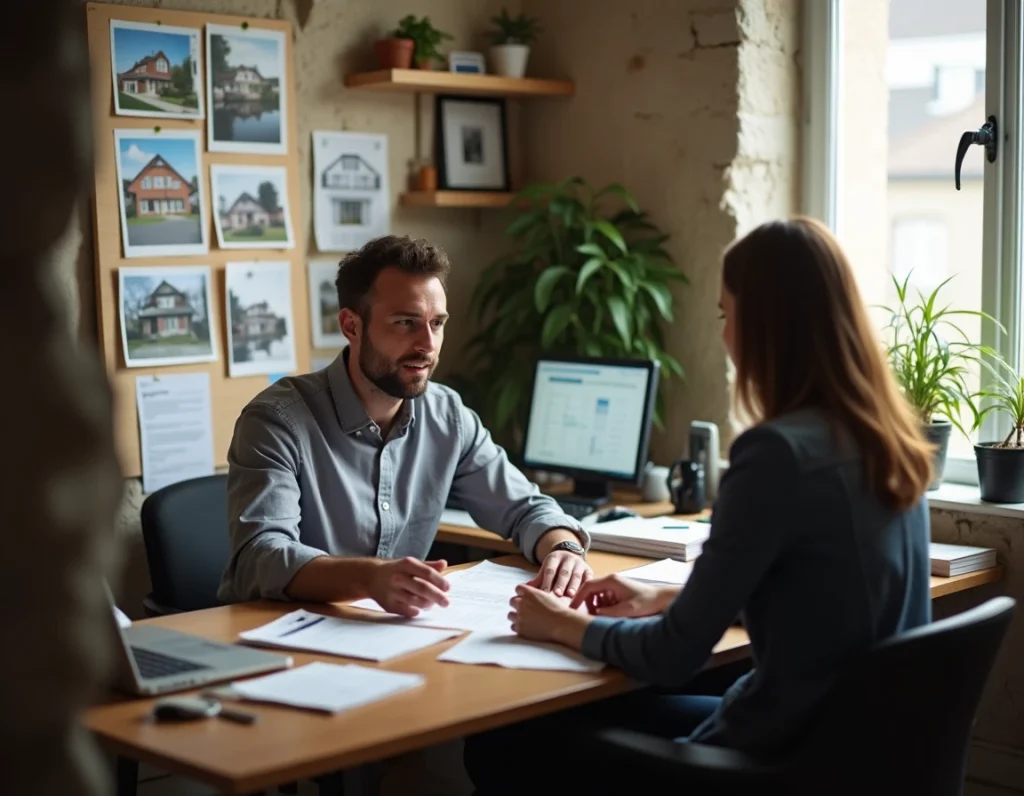 Conseiller immobilier en rendez-vous client dans les bureaux de l'agence CHT Immobilier à Guer, Bretagne