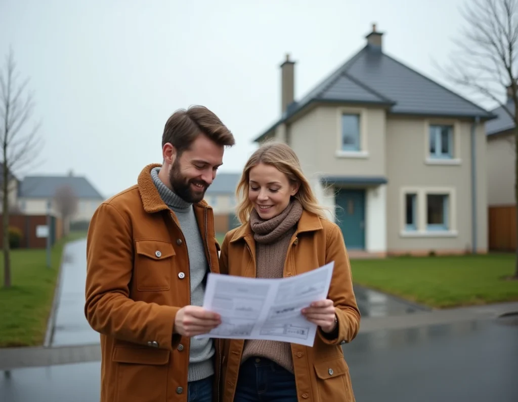 Couple de futurs acheteurs consultant des annonces immobilières devant une maison pavillonnaire à Guer en Bretagne