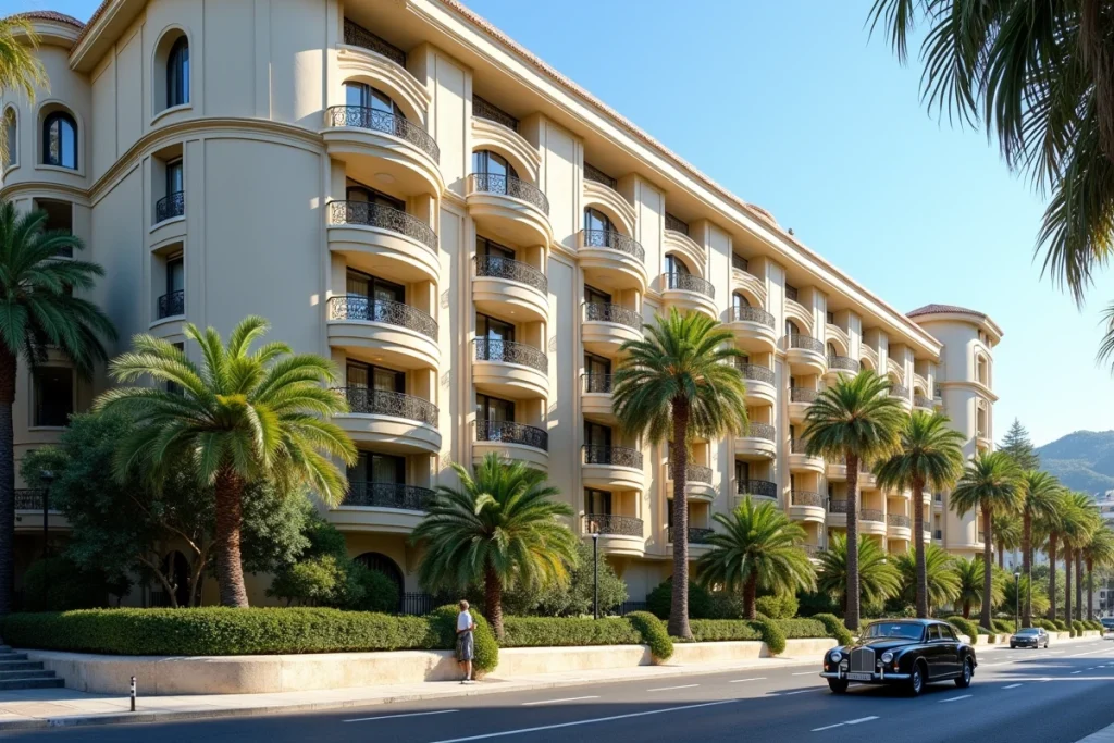 Façade extérieure de la résidence Monte Carlo Sun à Monaco, immeuble de prestige avec balcons et végétation tropicale sur le boulevard monégasque