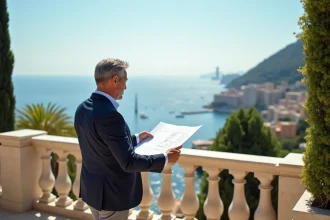 Investisseur immobilier examinant des plans architecturaux sur une terrasse avec vue sur Monaco et le Monte Carlo Sun en arrière-plan