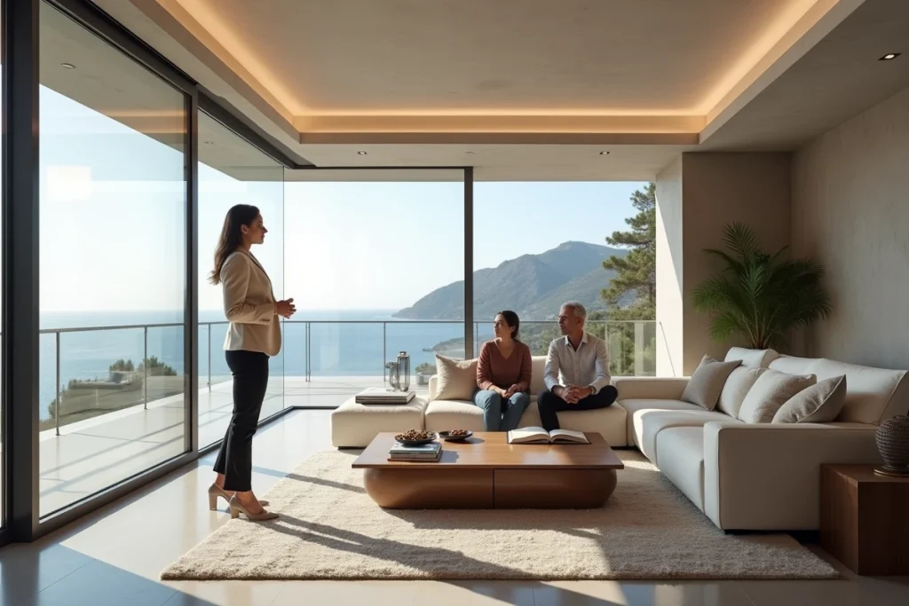 Agent immobilière présentant un appartement de luxe avec vue mer à Monaco à des acheteurs potentiels dans la résidence Monte Carlo Sun
