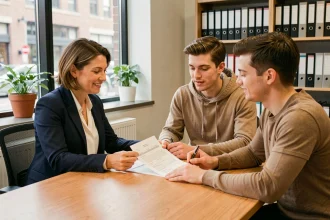 Agent immobilière expliquant un contrat d'assurance loyer impayé à un jeune couple de locataires dans une agence moderne
