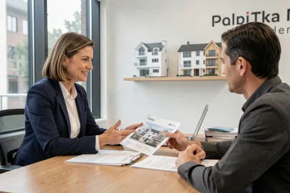 Agent immobilière professionnelle conseillant un couple de propriétaires dans une agence moderne pour la gestion locative de leur bien
