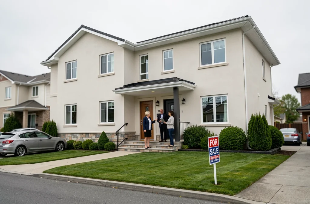 Agent immobilier présentant une maison rénovée avec fondation reprise en sous-œuvre à des acheteurs potentiels