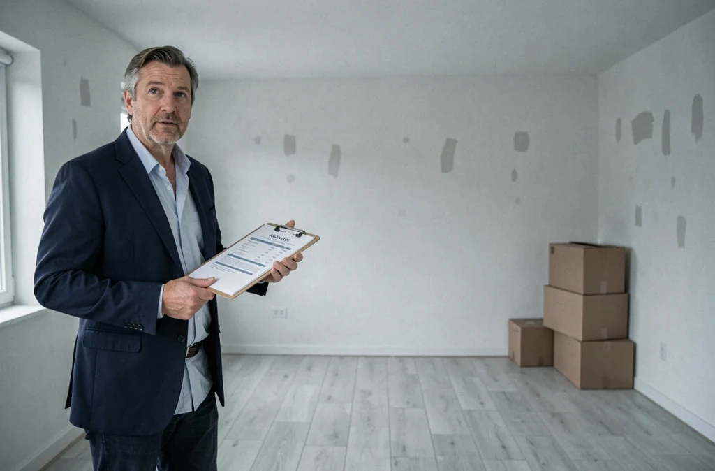 Agent immobilier présentant une maison à vendre dans un intérieur en cours de déménagement suite à une séparation