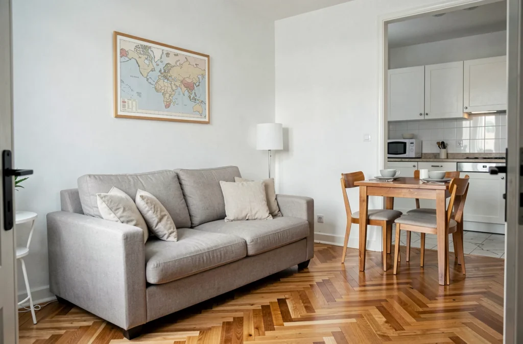 Appartement meublé prêt pour une location saisonnière avec salon et cuisine aménagés