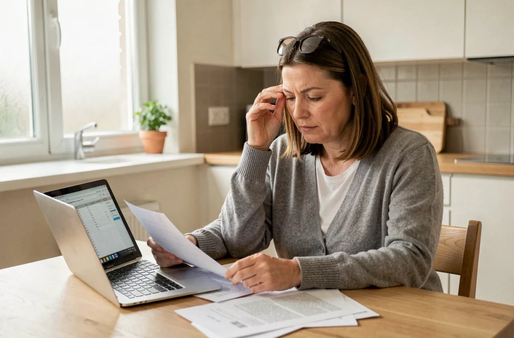 Femme calculant le budget d'une résidence longue durée pour sa famille à la maison
