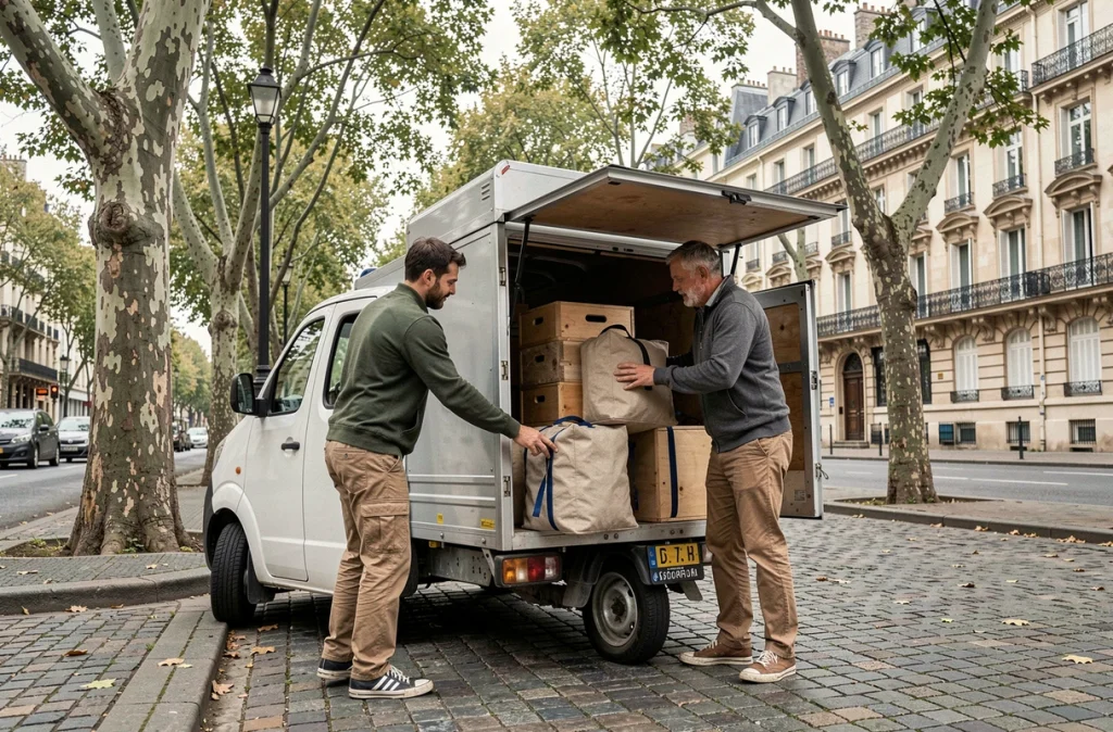 Deux hommes chargeant un camion de déménagement électrique avec des caisses en bois réutilisables