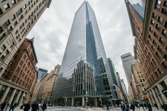 Vue en contre-plongée de la tour Citadel Center depuis la rue, façade en verre et acier reflétant le ciel de Chicago
