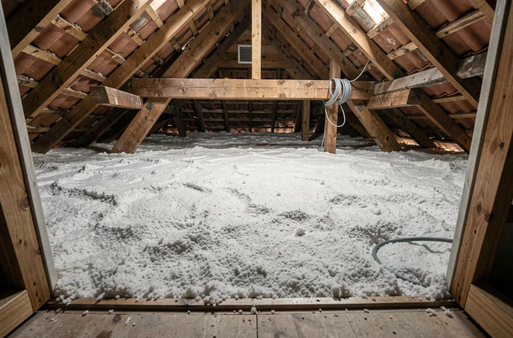 Vue intérieure des combles d'une maison recouverts d'une couche d'ouate de cellulose soufflée pour l'isolation