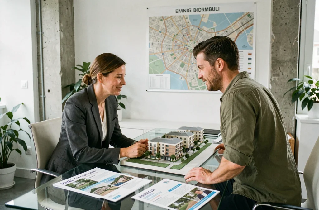 Conseillère immobilière présentant un dossier d'investissement Pinel à un client dans une agence moderne à Bordeaux