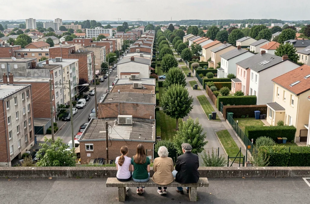 Vue panoramique de Saint-Étienne illustrant le contraste entre quartier populaire et quartier résidentiel avec habitants au premier plan