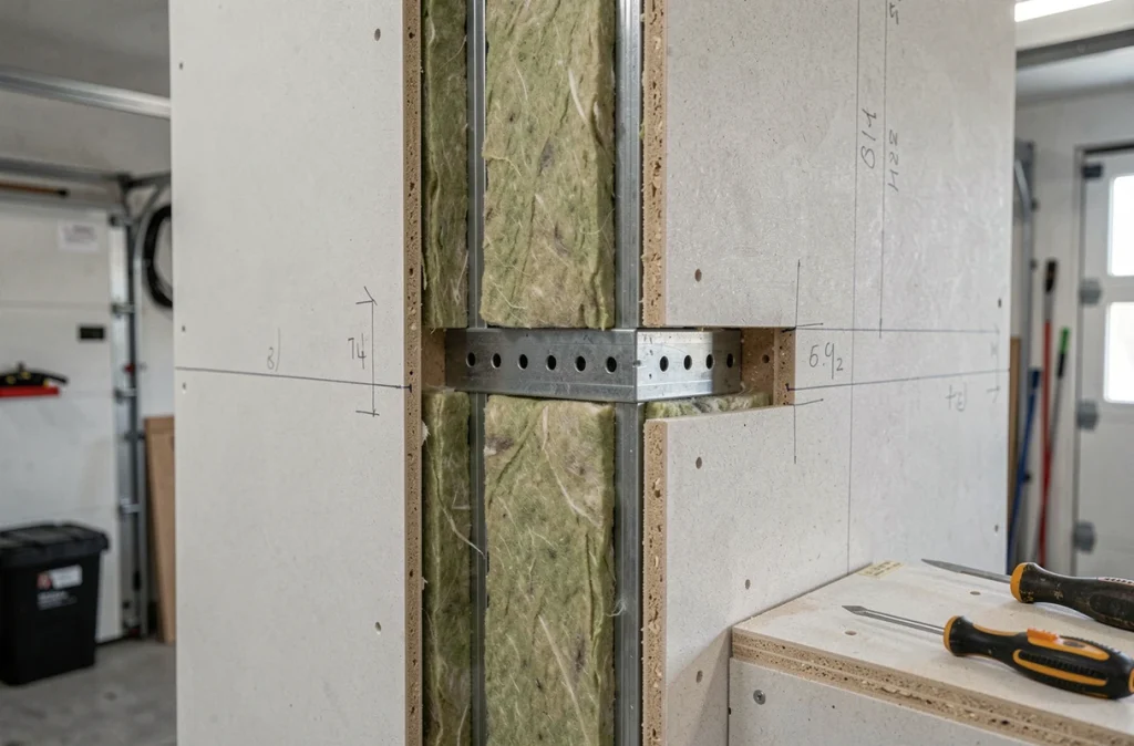 Coupe transversale d'un mur mitoyen de garage avec couches d'isolation phonique en laine minérale et plaques de plâtre pour insonorisation