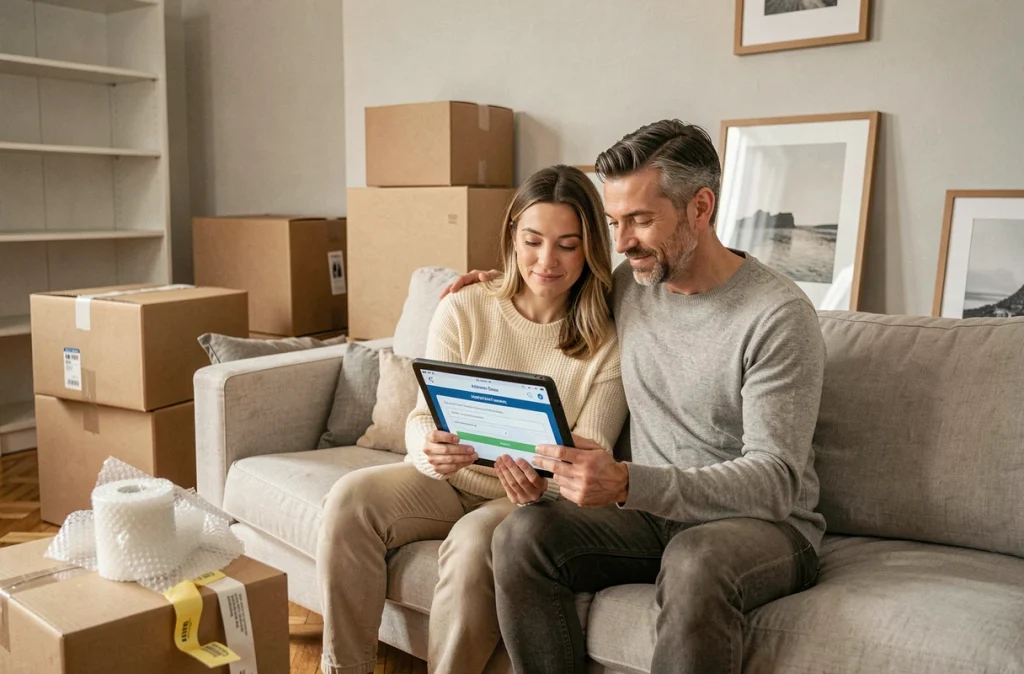 Couple gérant leur changement d'adresse en ligne entouré de cartons pendant un déménagement