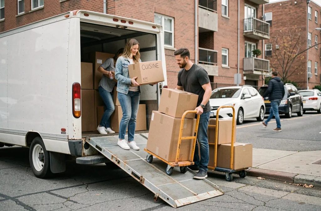 Couple chargeant des cartons dans un camion de location lors d'un déménagement