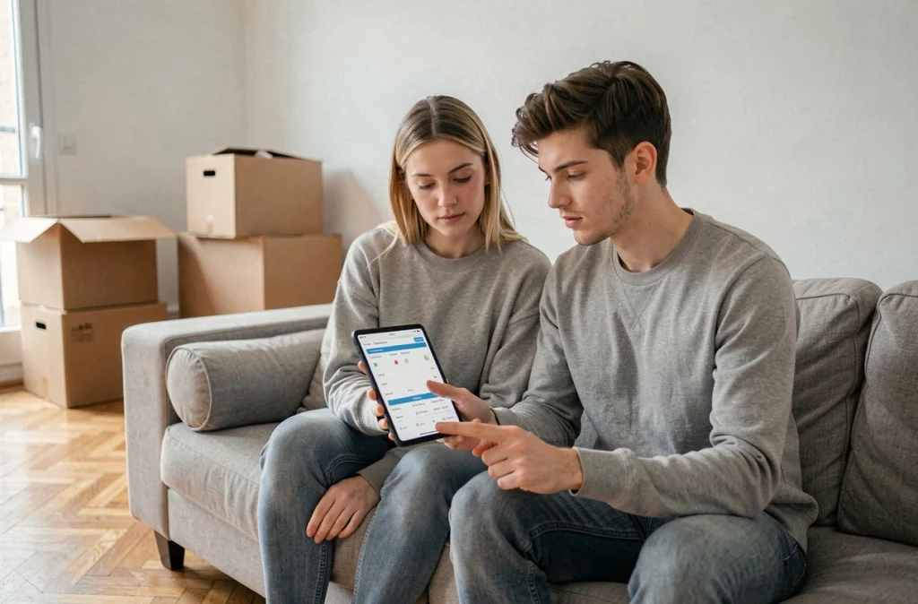 Couple comparant les offres de fournisseurs d'énergie après un déménagement dans un nouvel appartement