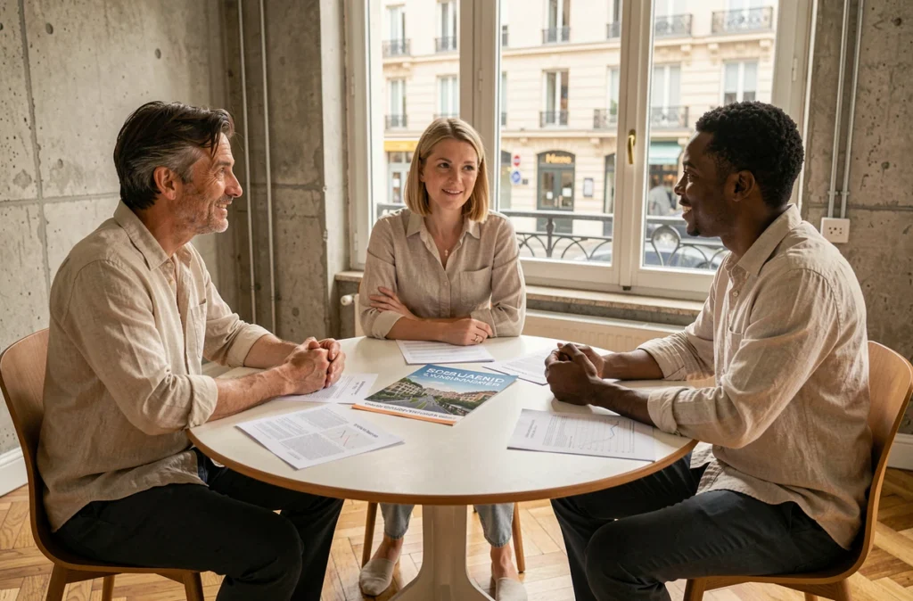 Couple de propriétaires en réunion avec un agent immobilier à Lyon pour évaluer la rentabilité locative de leur bien