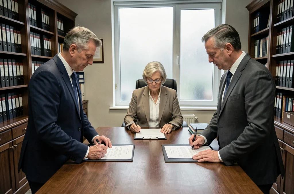 Couple signant des documents chez le notaire lors de la vente d'un bien immobilier dans le cadre d'un divorce avec crédit en cours