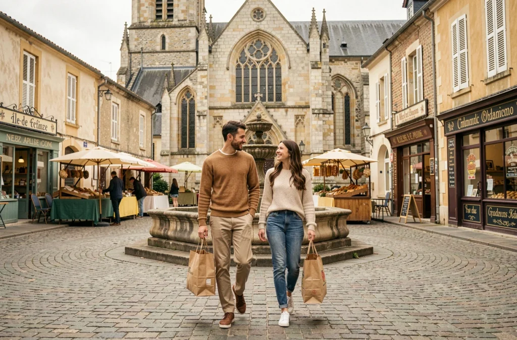 Jeune couple faisant leurs courses dans le bourg paisible d'une ville d'Île-de-France, loin de l'agitation parisienne