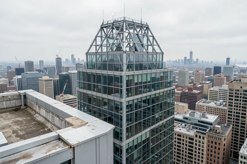Partie supérieure et couronnement de la tour Citadel Center photographiés depuis un toit voisin, vue sur le skyline de Chicago