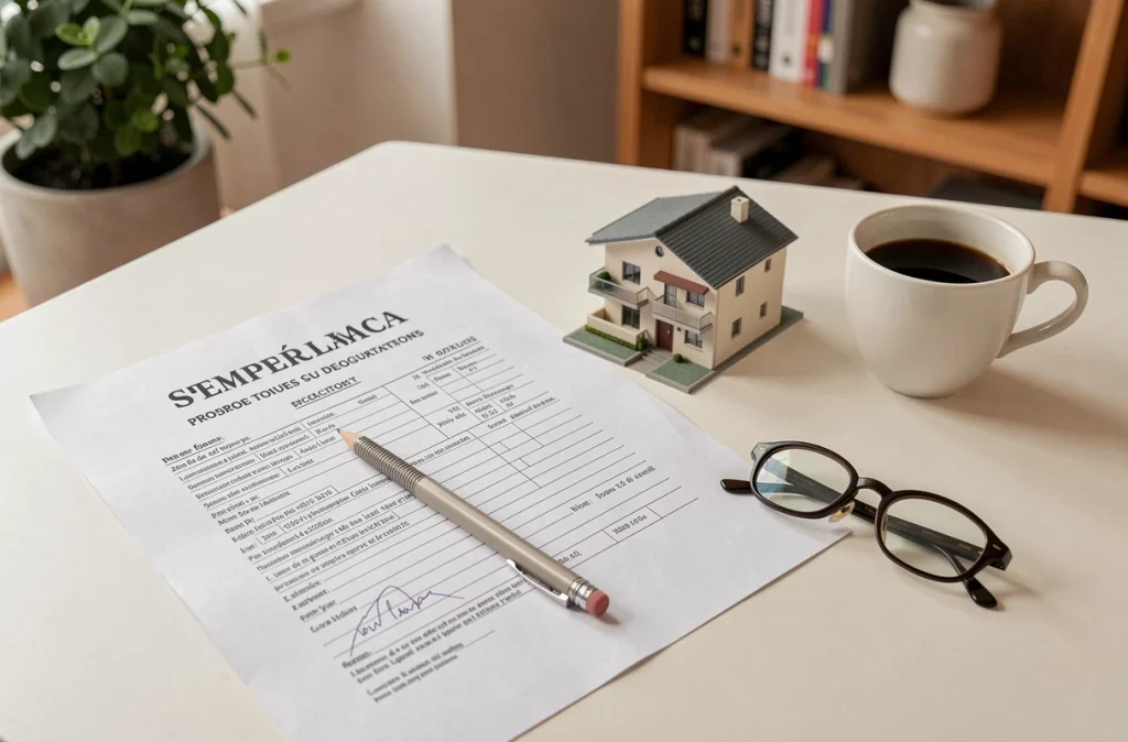 Déclaration fiscale immobilière et éléments symboliques de la nue-propriété sur un bureau