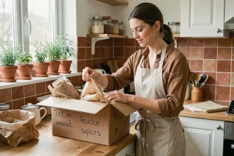 Femme emballant des objets fragiles dans du papier recyclé lors d'un déménagement écologique