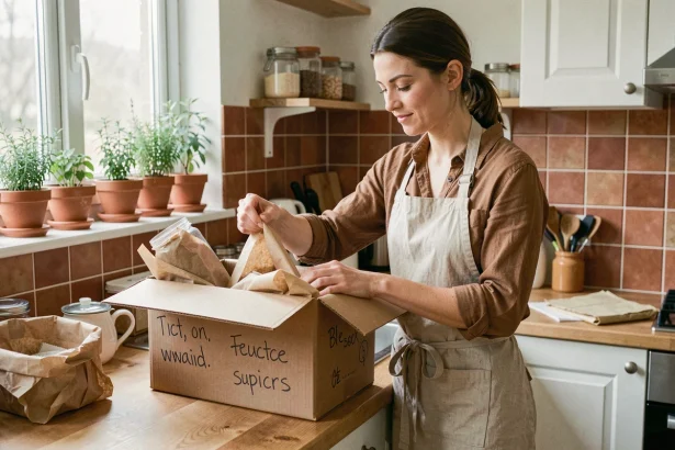 Femme emballant des objets fragiles dans du papier recyclé lors d'un déménagement écologique