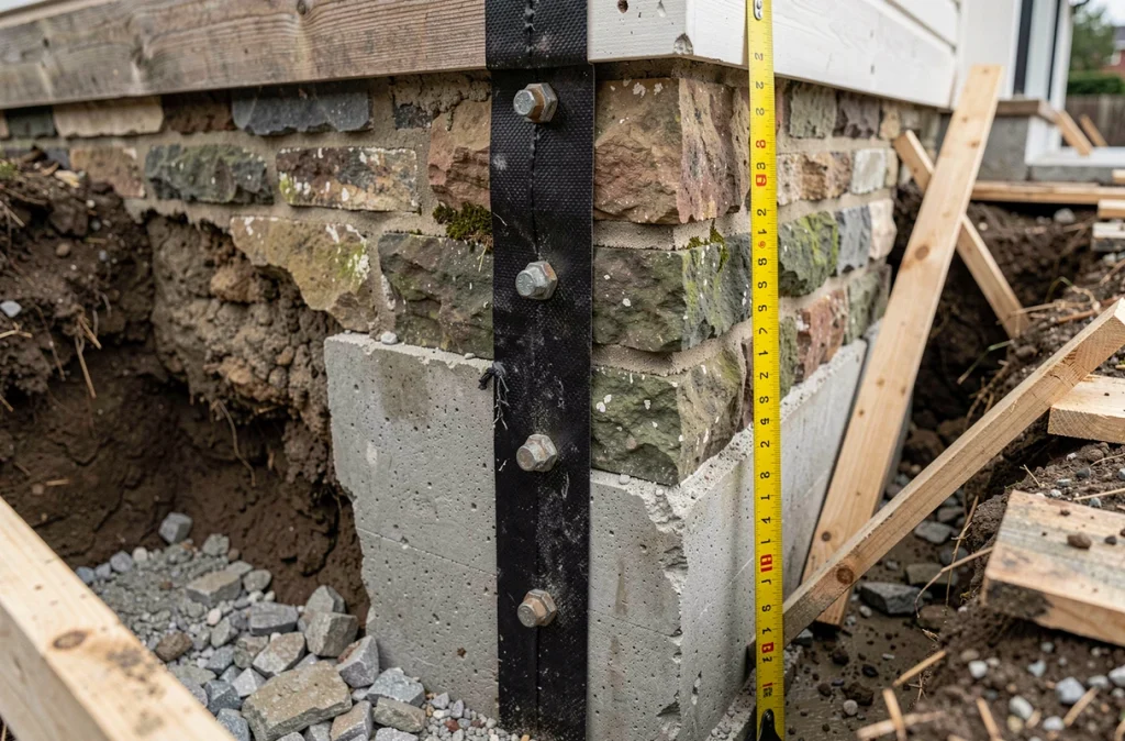 Détail d'une reprise en sous-œuvre montrant la jonction entre fondation ancienne en pierre et nouveau béton armé