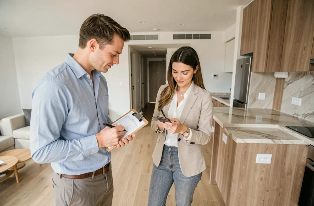 Deux professionnels de l'immobilier réalisant un état des lieux dans un appartement rénové prêt à la location