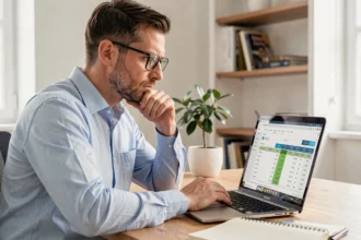 Homme évaluant les tarifs d'un logiciel immobilier sur ordinateur portable dans un bureau à domicile