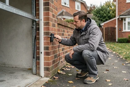 Expert en bâtiment inspectant le mur mitoyen d'un garage entre deux maisons jumelées avec un détecteur d'humidité