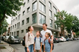 Famille avec enfants devant un immeuble résidentiel pour une location longue durée dans un quartier urbain