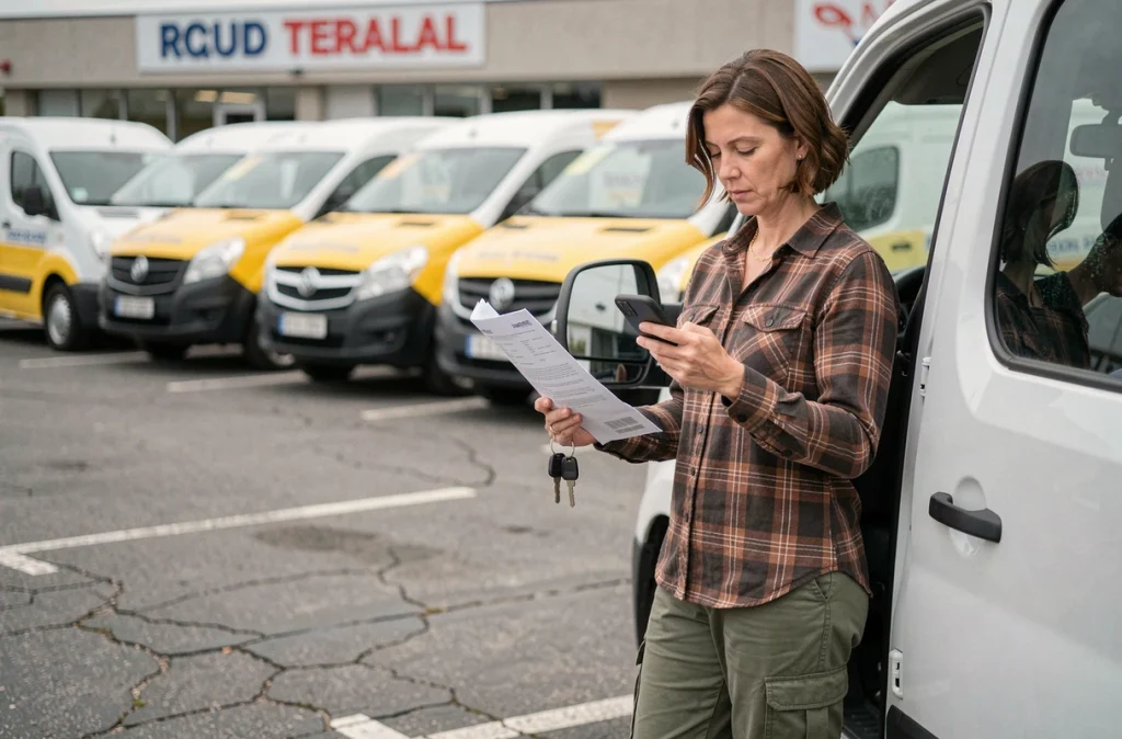 Femme récupérant les clés d'un utilitaire de location dans une agence de déménagement