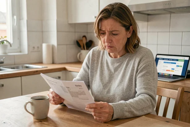 Femme consultant un contrat EDF à son domicile pour changer de fournisseur d'énergie