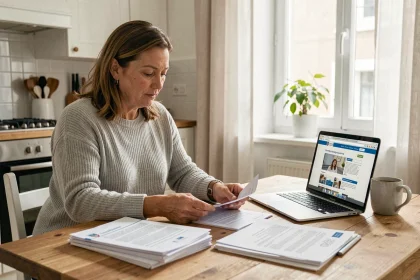 Femme organisant ses documents administratifs pour un changement d'adresse dans une cuisine moderne