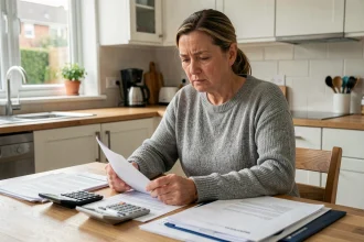 Femme en pleine réflexion face à des documents immobiliers et un dossier de crédit lors d'une vente de maison suite à un divorce