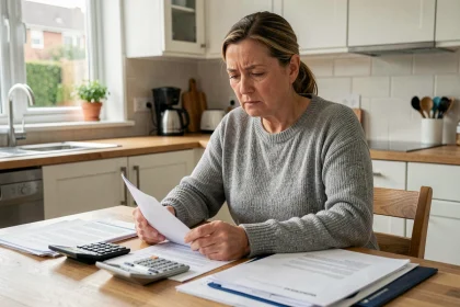 Femme en pleine réflexion face à des documents immobiliers et un dossier de crédit lors d'une vente de maison suite à un divorce