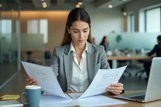 Femme professionnelle examinant un dossier de demande LOC dans un bureau administratif moderne