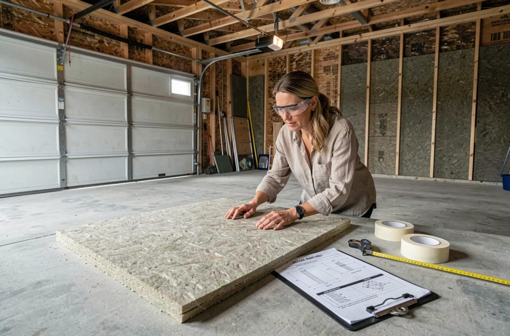 Femme examinant des panneaux d'isolation acoustique dans un garage mitoyen avant le début des travaux d'insonorisation