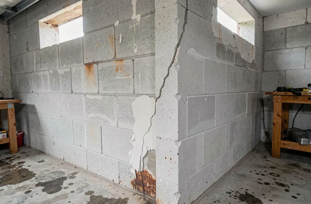 Fissure et traces d'humidité sur le mur mitoyen intérieur d'un garage de maison jumelée