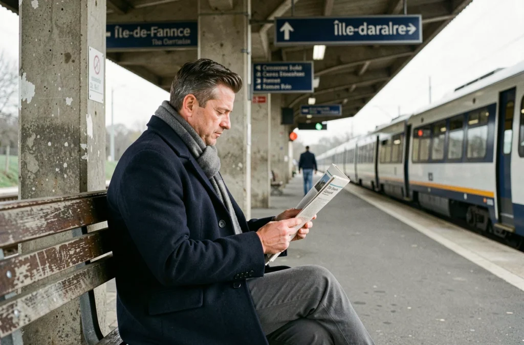Homme en manteau navy attendant un train de banlieue dans une gare d'Île-de-France pour rejoindre Paris chaque matin