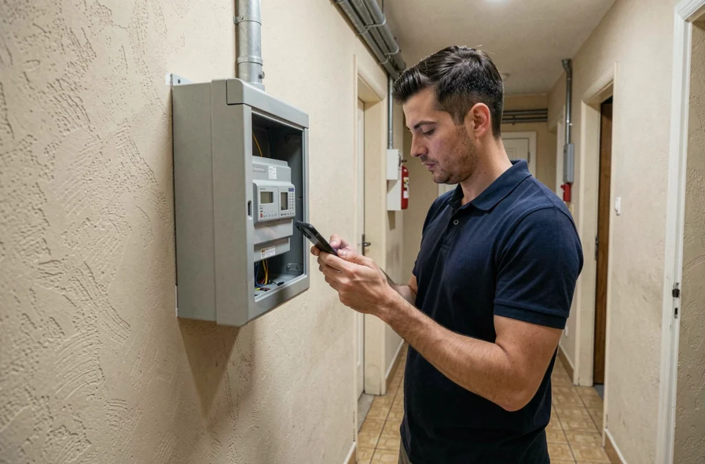 Homme relevant un compteur électrique pour reprendre un contrat EDF après déménagement