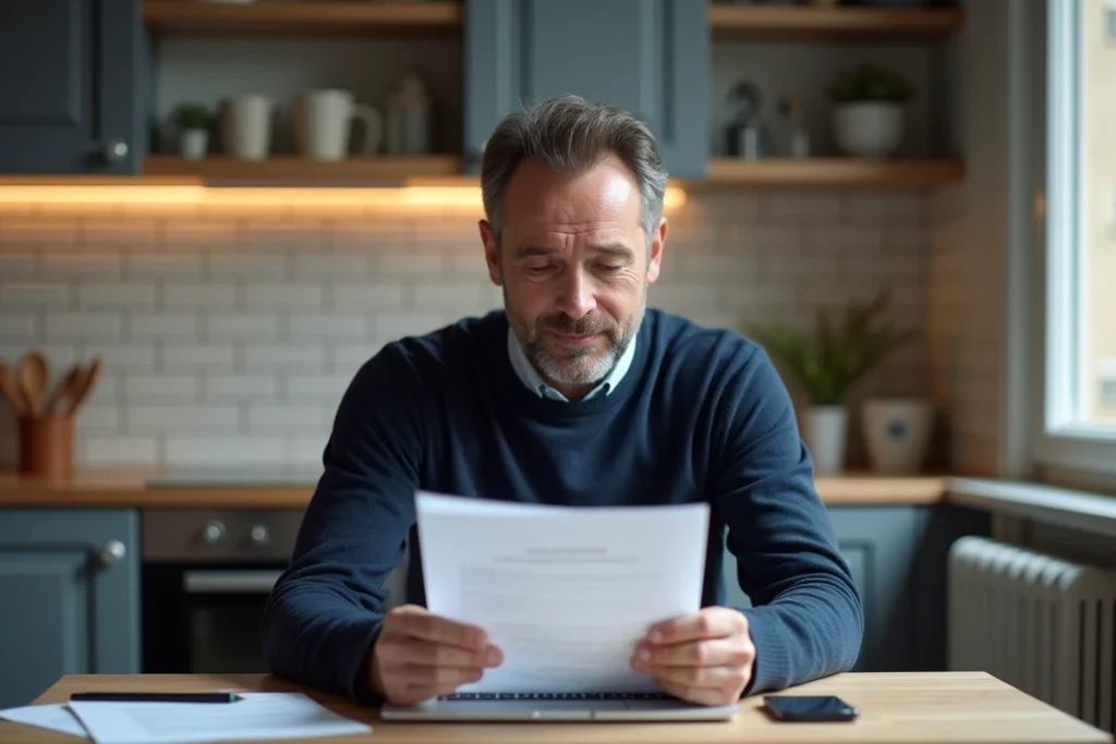 Homme consultant sa réponse de service LOC depuis son domicile avec un dossier papier