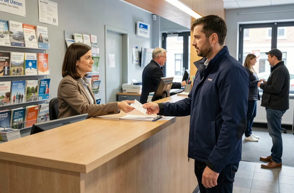 Homme déposant un formulaire de changement d'adresse au guichet d'un bureau de poste