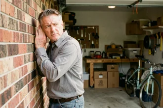 Homme écoutant le mur mitoyen d'un garage en brique pour détecter les nuisances sonores avant travaux d'isolation phonique