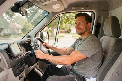 Homme au volant d'un camion utilitaire de location pour un déménagement autonome