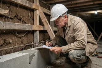 Ingénieur en structure inspectant une reprise en sous-œuvre dans un sous-sol en rénovation