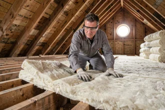 Artisan posant de la laine minérale dans les combles d'une maison pour améliorer l'isolation thermique